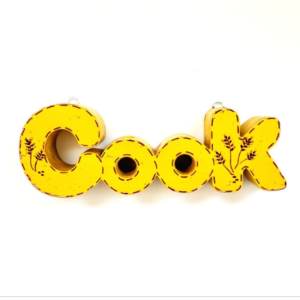 Vintage Yellow "Cook" Kitchen Sign Distressed 10" x 4" x 2" with Wheat